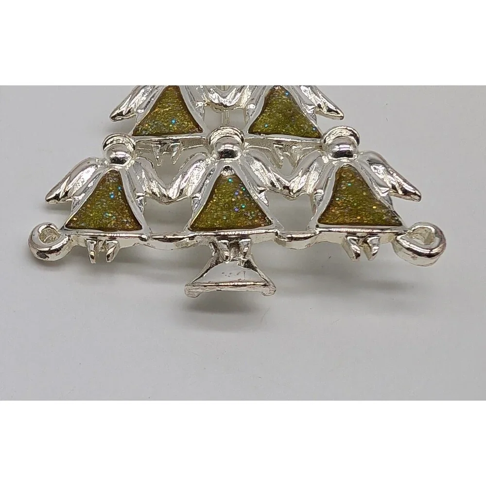 Silver Tone Enamel Christmas Tree Brooch Pin Angels